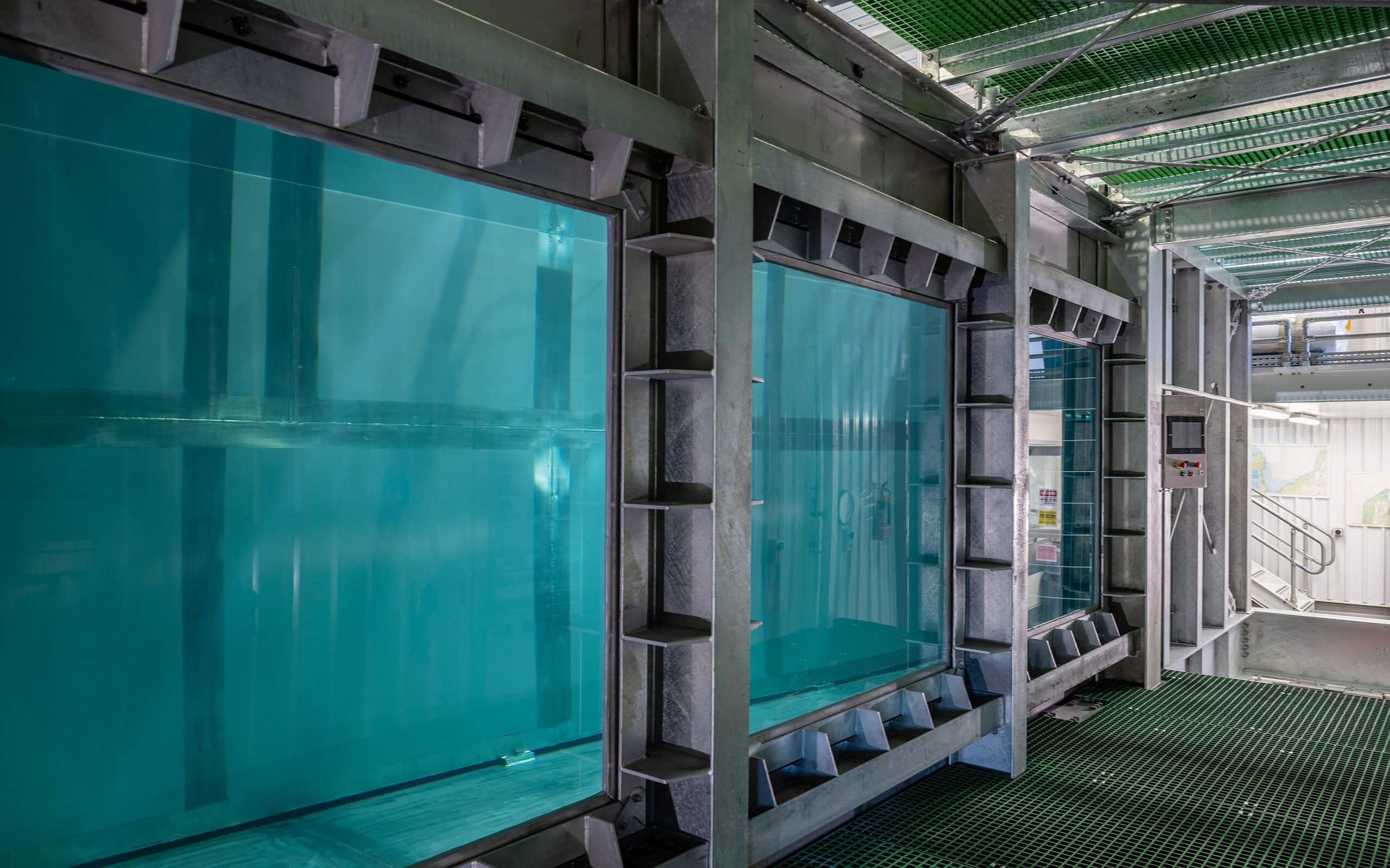 The flume tank is purpose-built to simulate coastal and open-water conditions.