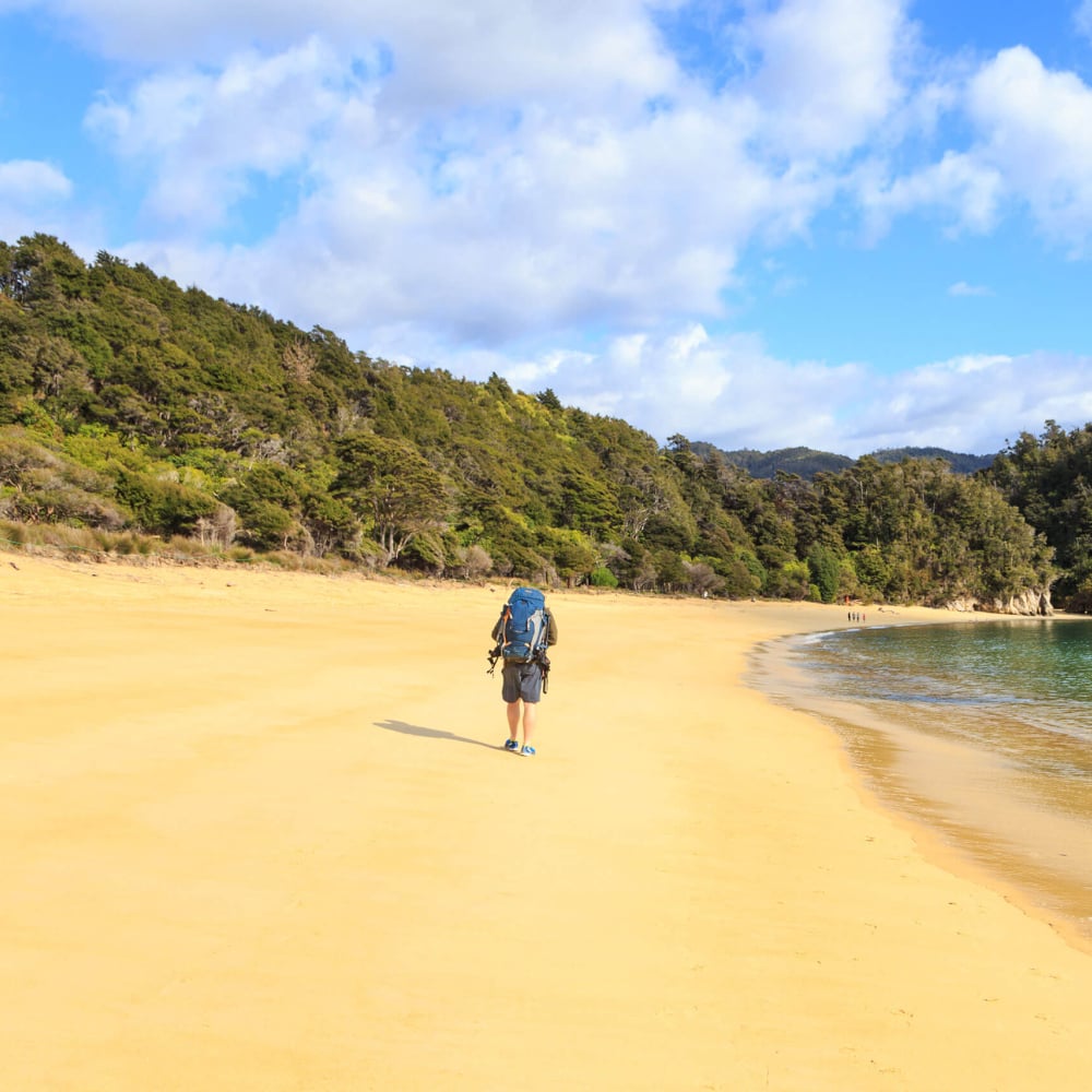 Hiker walking at Anchorage Bay in Abel Tasman National Park