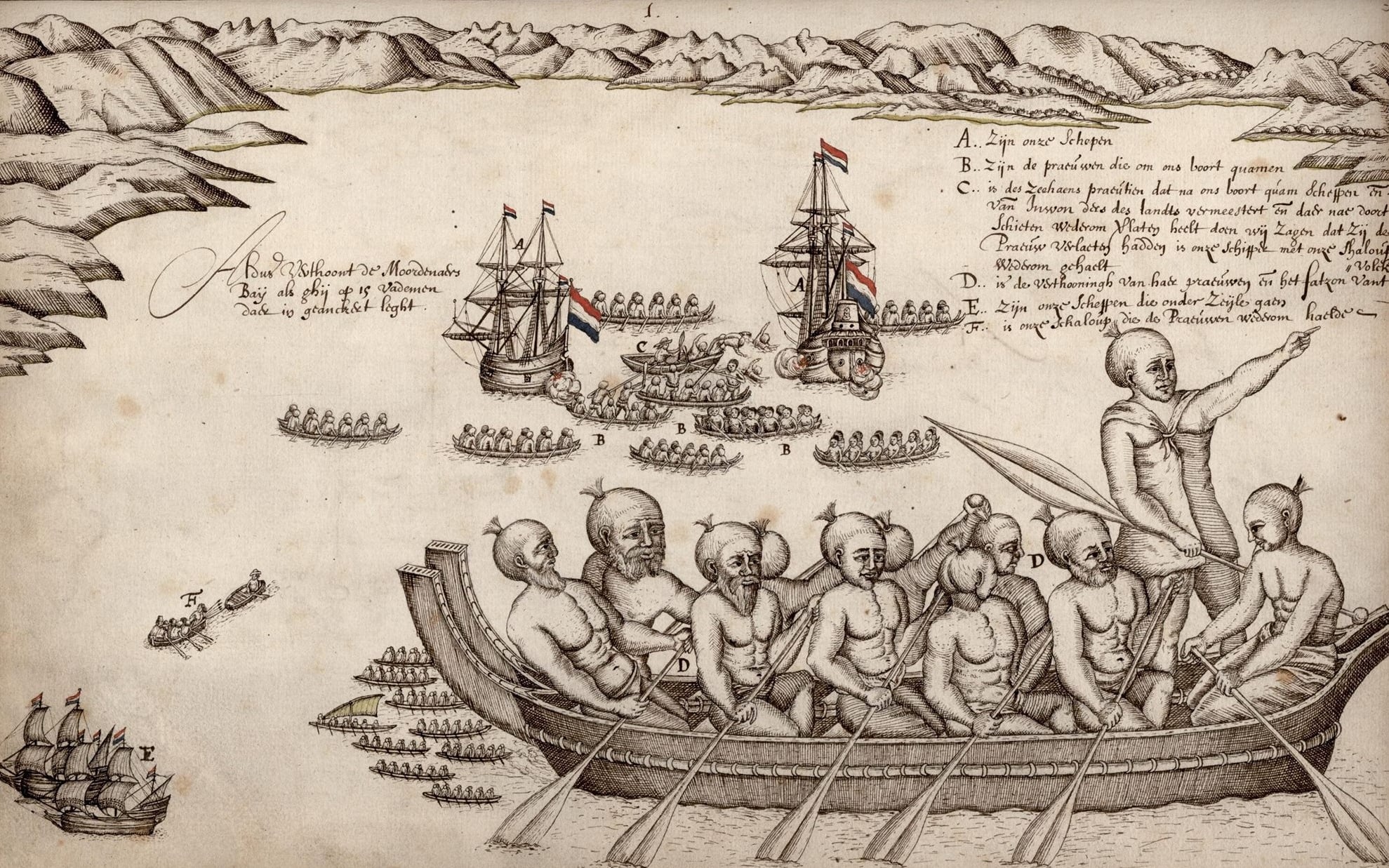 The earliest image of Golden Bay/Mohua and of Maori.The drawing records the events of 18/19 December 1642, when Tasman's ships anchored and tried to establish communication with the local people.