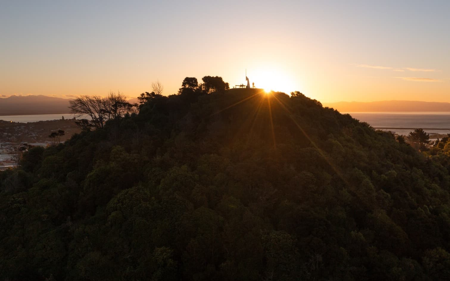 Centre of New Zealand Nelson City aerial sunset