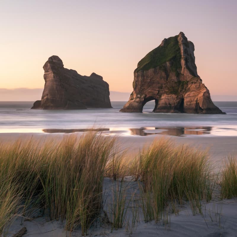 Wharariki Beach is a wild, windswept stretch of sand framed by towering rock arches and rolling dunes.