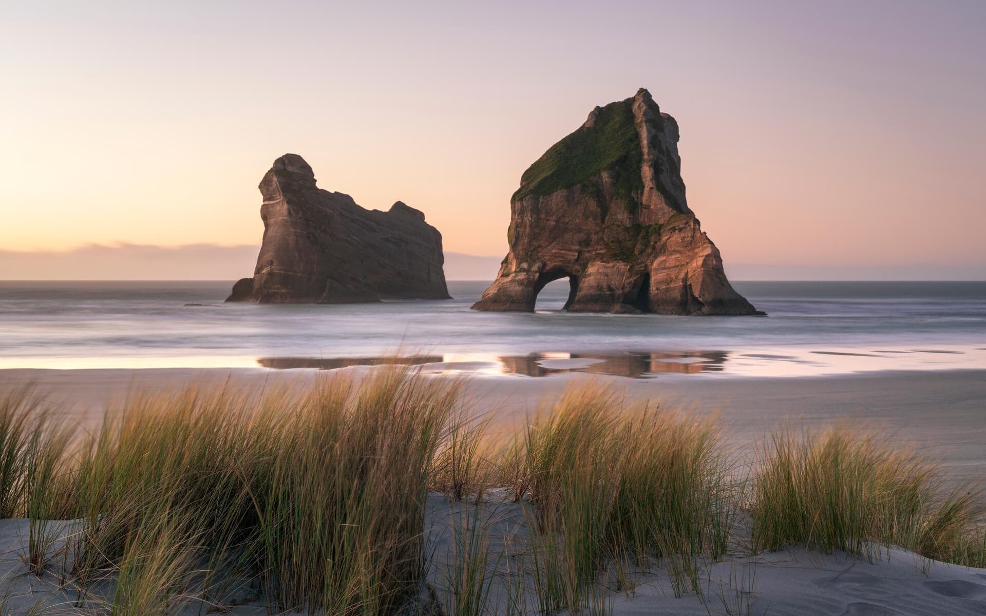 Wharariki Beach is a wild, windswept stretch of sand framed by towering rock arches and rolling dunes.