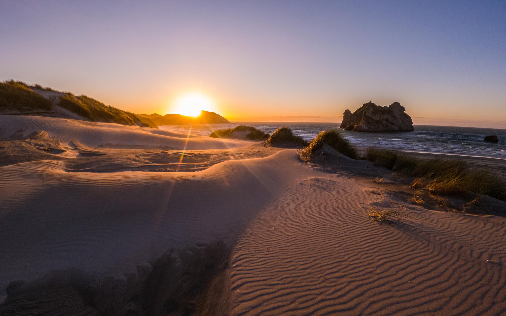 Sunset spills gold over Wharariki Beach, casting long shadows across wind-sculpted dunes.