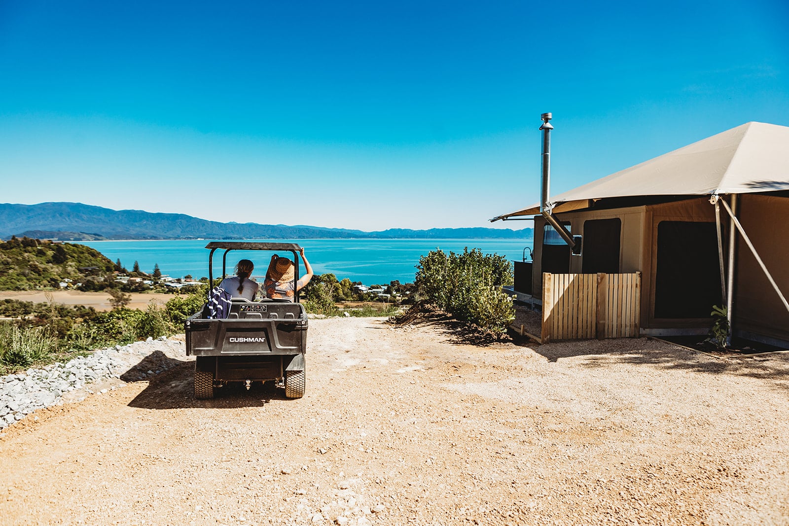 Tent Korimako; each accommodation comes with its very own electric buggy to use licensed for the road so guests can explore Tata Beach and surrounds at their own pace.