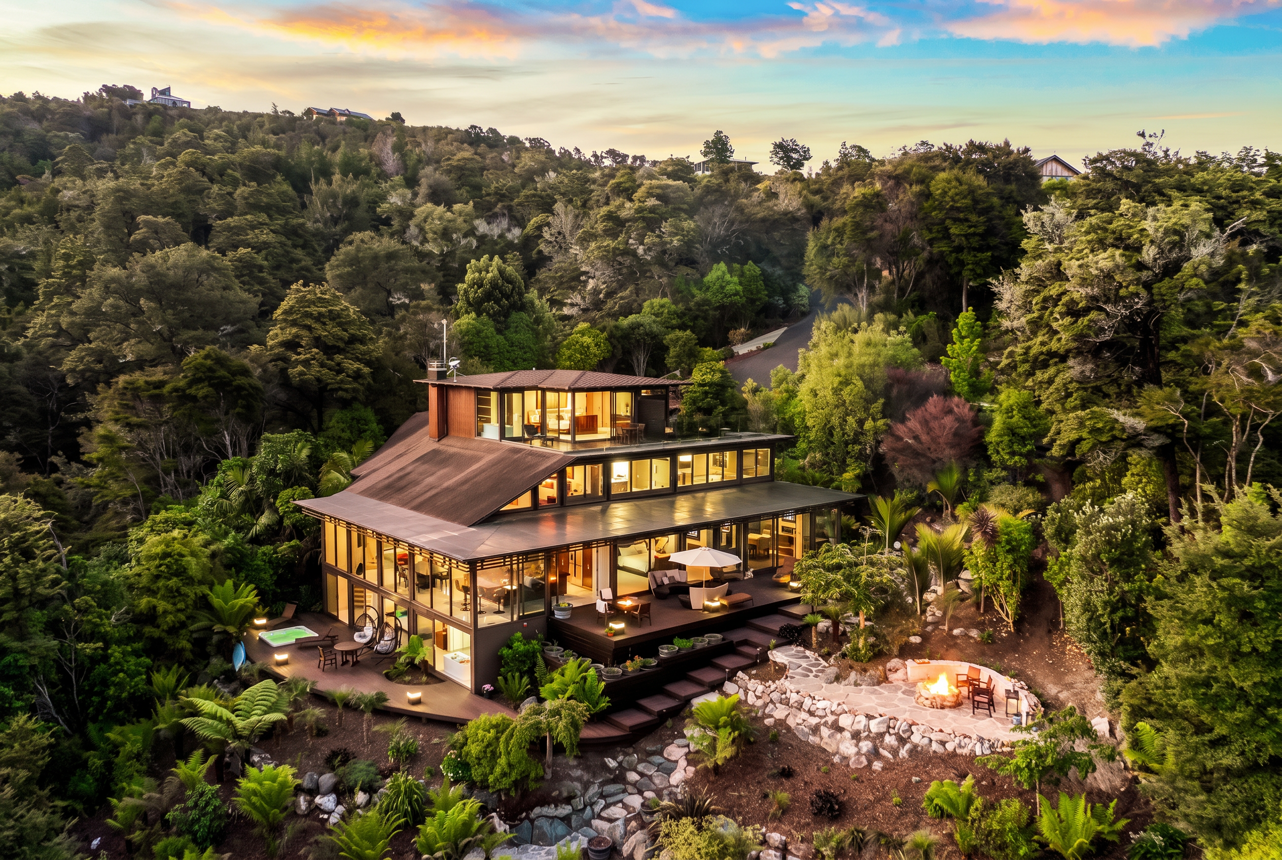 A private forest retreat glowing at sunset